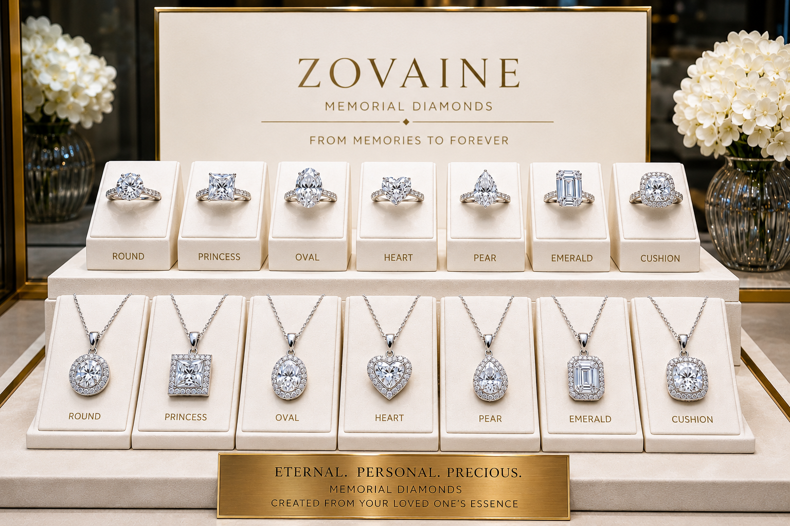 ZOVAINE rings and pendants display